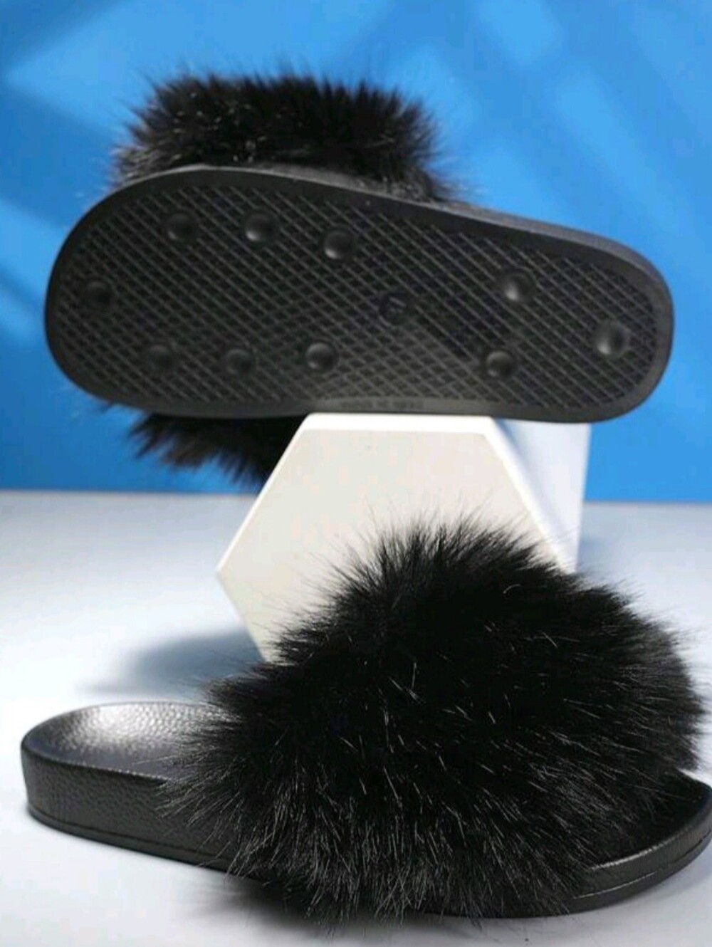 Faux Fur Slide Slippers for Women - Black